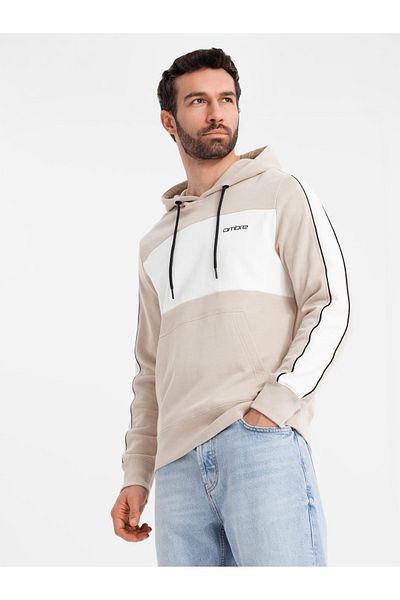 OMBRE Herren-Hoodie aus Baumwolle mit kontrastierenden Elementen - beige V2 OM-SSNZ-0225 L