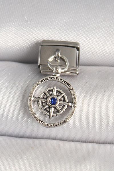 Celira Steel Silver Color Blue Stone Detailed Compass Model Nomination Charm