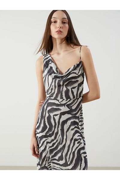 LC Waikiki Lcw Vision Brown Flowy Neck Floral Chiffon Dress