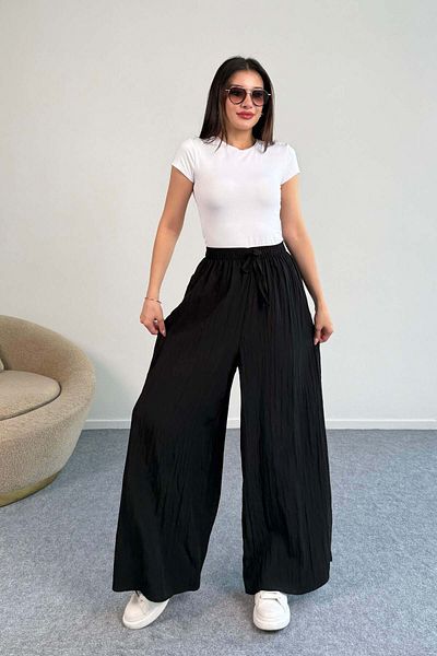 Hatun Atila Kraşlı Elastic Waist Modal Wide Leg Palazzo Trousers - Black