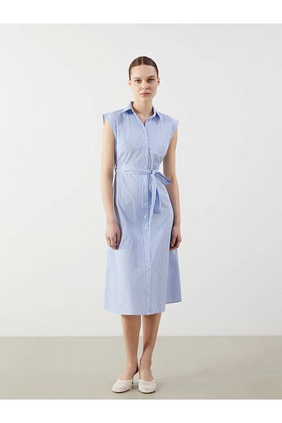 LC Waikiki Lcw comfort blue belted striped shirt dress
