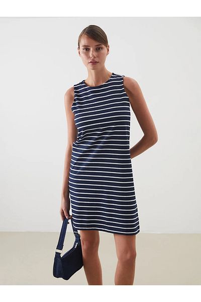 LC Waikiki Lcw Vision Navy Blue Bicycle Collar Striped A-Line Mini Dress