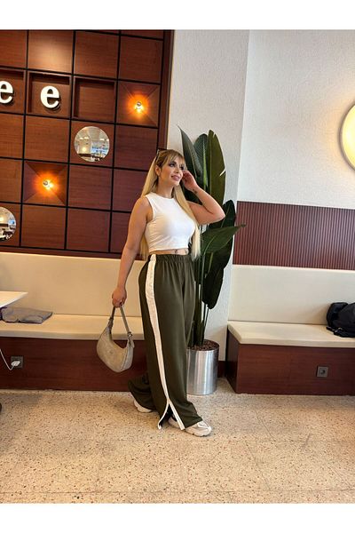 Butik Nilyam Women's Plus Size Stripe Slit Two Thread Trousers 21070 Khaki
