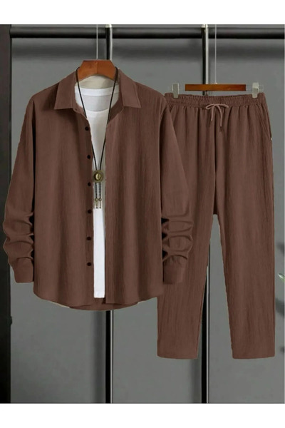 RASCHA Set de pantaloni și cămașă maro cu mâneci lungi pentru femei