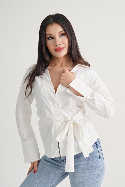 Hipo Trend Pinstripe Side Tie Regular Fit Cream Shirt