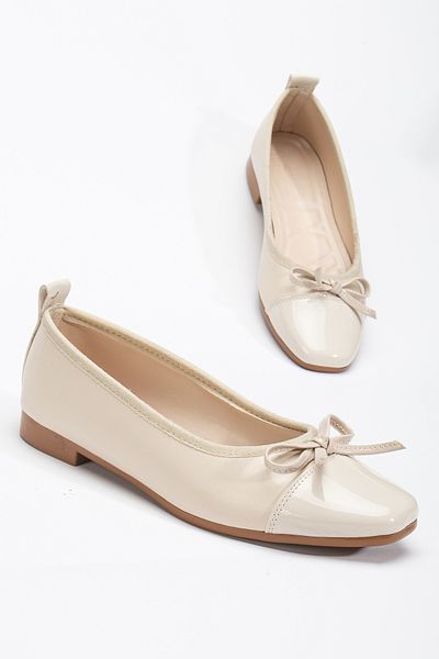 Tonny Black Women's Beige Bow Ballerina Ballerina with Straw Detail on the Side