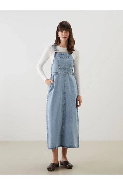 LC Waikiki LCW Modest Indigo τετράγωνος γιακάς με μονό λουράκι Γυναικείο Jean Salopet φόρεμα
