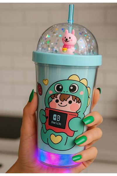 BiTon Toptan Water Bottle with Straw, Led Light, Double Layer Mica Water Bottle with Rabbit Figure 2092 Blue