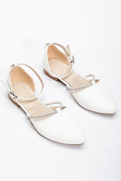Tonny Black Women's White Stone Rope Detailed Ankle Strap Buckle Ballerinas