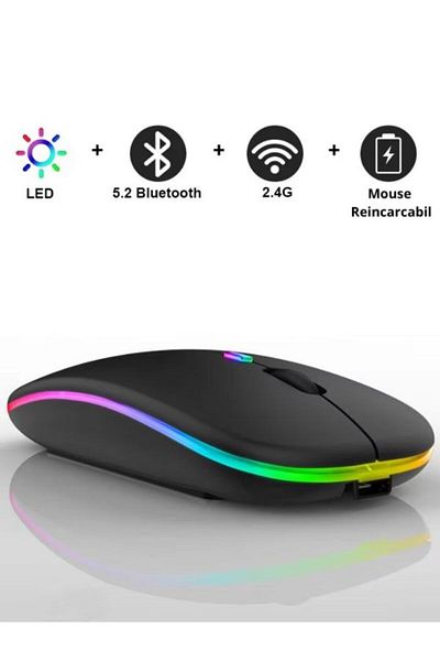 Cumpara24 Ultra Slim Wireless Mouse, Bluetooth, USB, Rechargeable, BT5.2 + 2.4Ghz, RGB LED, Black