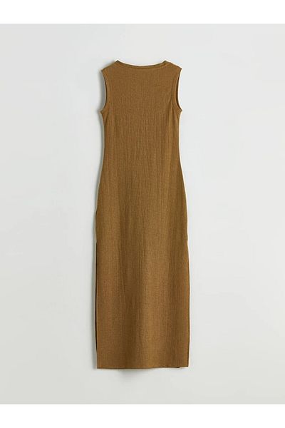 LC Waikiki Lcw Vision Khaki V-Neck Textured Dress
