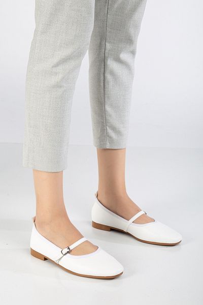 Tonny Black Women's White Oval Toe Buckle Tie Ballerinas