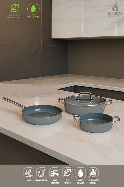 Amboss 4 Piece Greenhouse Spectrum Fireproof Non-Stick Ceramic Oblate Pot Pan Sahan Set Gray