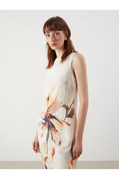 LC Waikiki Lcw Vision Ecru Boat Neck Floral Dress