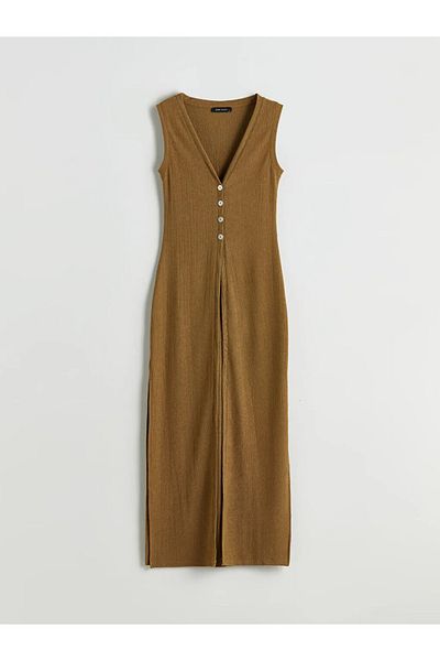LC Waikiki Lcw Vision Khaki V-Neck Textured Dress