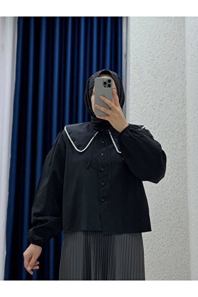 Mihra Sanonia Κοντό Πουκάμισο Ποπλίνα με Πέρλες στο Γιακά-NA792 Μαύρο