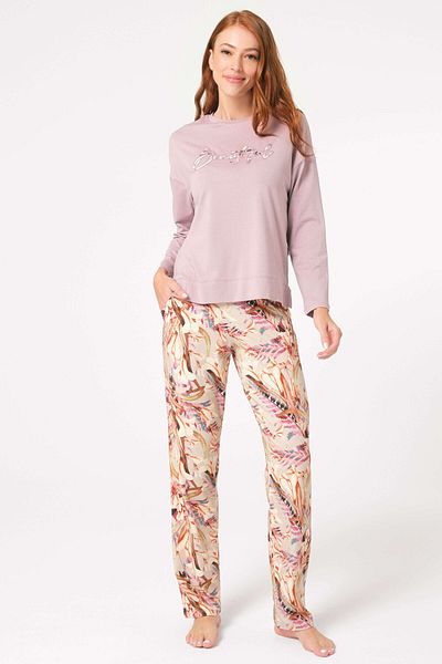 Organza Butik Long Sleeve Crew Neck Modal Floral Pattern Winter Knitted Regular Waist Embroidery Detail Pajama Set