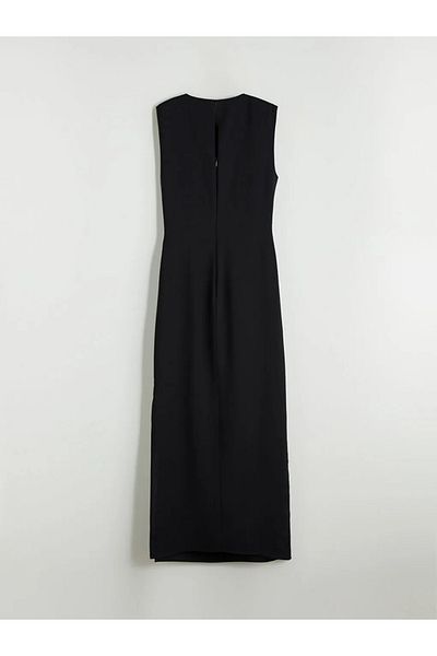 LC Waikiki LCW Vision Black Crepe Crepe Dress with Crewneck Shirred