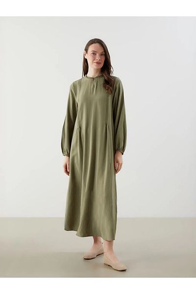 LC Waikiki Lcw Grace Green Ruffled Stand Collar A-Line Satin Dress