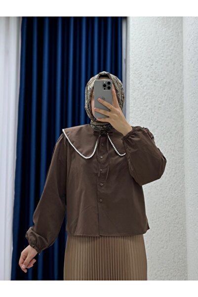 Mihra Sanonia Κοντό Πουκάμισο Ποπλίνα με Πέρλες στο Γιακά-NA792 Καφέ