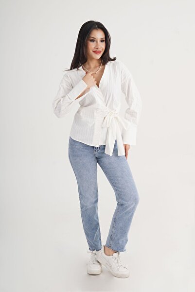 Hipo Trend Thick Line Side Tie Regular Cream Shirt
