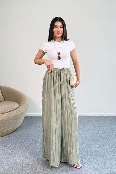 Hatun Atila Kraşlı Elastic Waist Modal Wide Leg Palazzo Trousers - Khaki