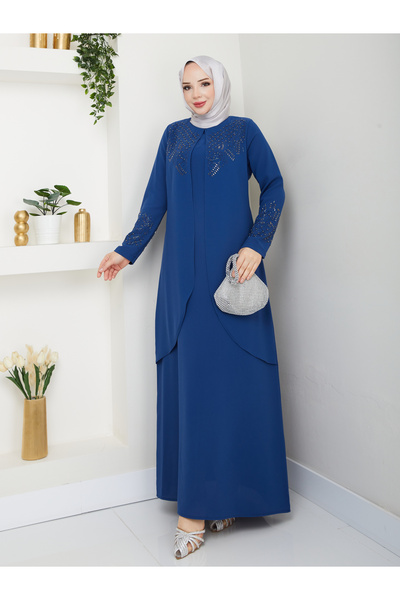 KMKkombin فستان سهرة مطرز بأحجار متلألئة بياقة وأكمام كبيرة الحجم