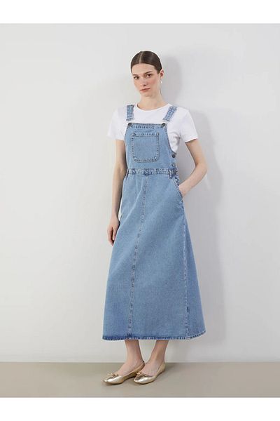 LC Waikiki LCW Modest Indigo τετράγωνος γιακάς με μονό λουράκι Γυναικείο Jean Salopet φόρεμα
