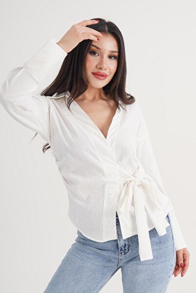 Hipo Trend Pinstripe Side Tie Regular Fit Cream Shirt