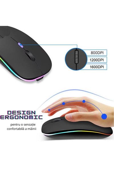 Cumpara24 Ultra Slim Wireless Mouse, Bluetooth, USB, Rechargeable, BT5.2 + 2.4Ghz, RGB LED, Black