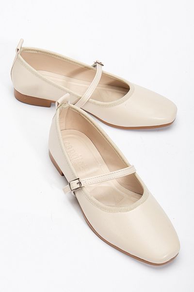 Tonny Black Women's Beige Oval Toe Buckle Tie Ballerinas