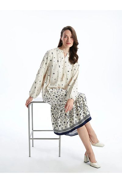 LC Waikiki Lcw Grace Ecru Lace-Up Collar Print Women's Dress