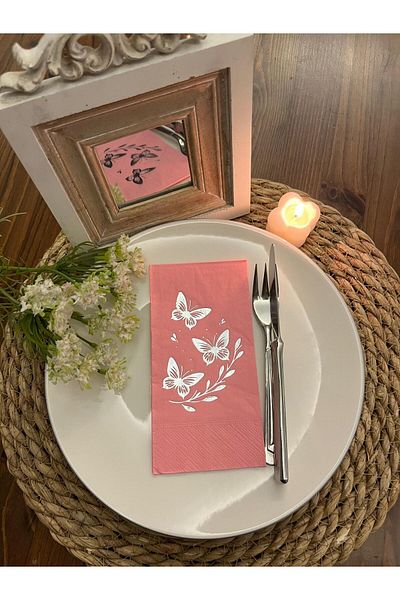 kidspartim Silver Gilded Pink Butterfly Leaf Detailed Napkin 16 Pieces