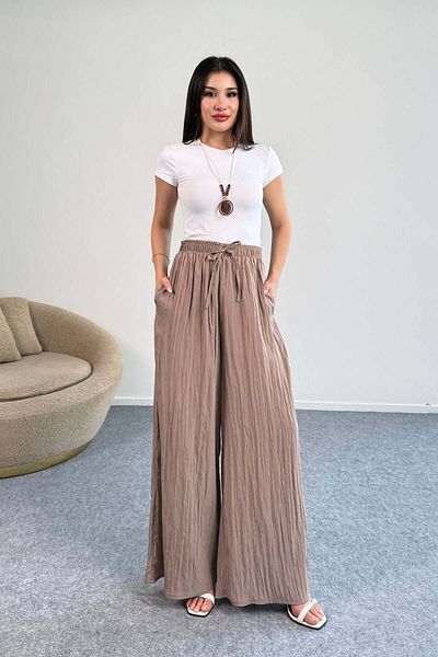 Hatun Atila Kraşlı Elastic Waist Modal Wide Leg Palazzo Trousers - Mink