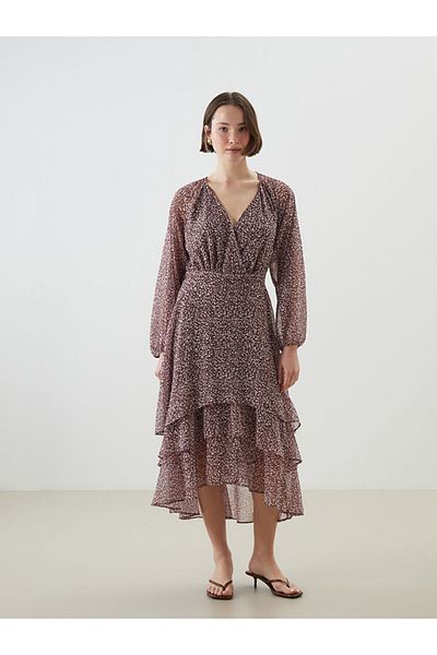LC Waikiki Lcwaikiki Classic Burgundy Double Breasted Collar Floral Chiffon Women Dress