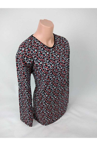 YAŞAR TRİKO Women's Black Red Gray U-Neck Long Sleeve Patterned Slit Woven Viscose Mother Combed Cotton T-Shirt