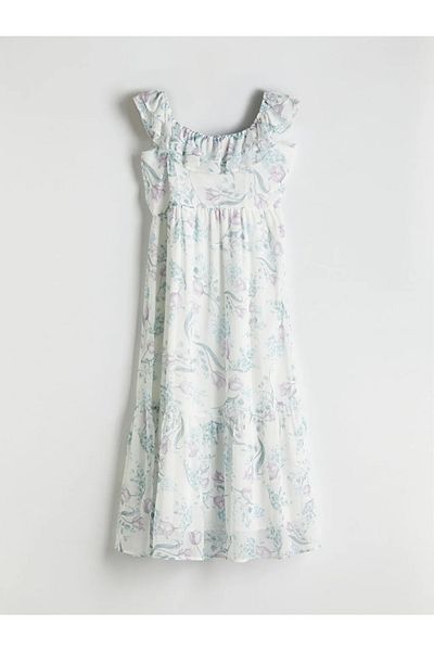 LC Waikiki Lcw comfort ecru u-neck floral chiffon dress