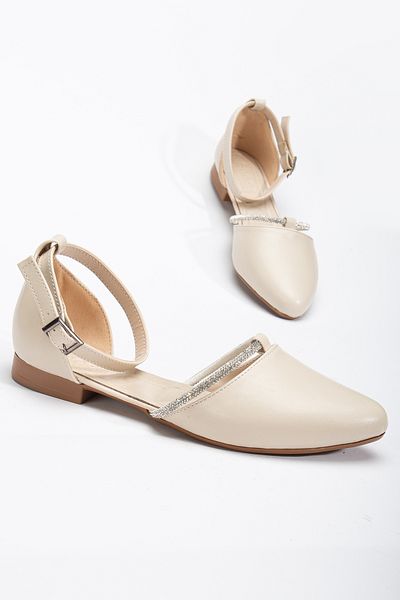 Tonny Black Women's Beige Stone Rope Detailed Ankle Strap Buckle Ballerinas