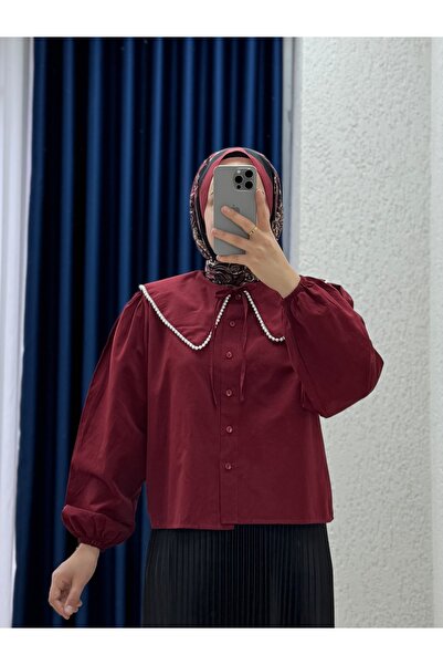 Mihra Sanonia Κοντό Πουκάμισο Ποπλίνα με Πέρλες στο Γιακά-NA792 Βουργουνδίας