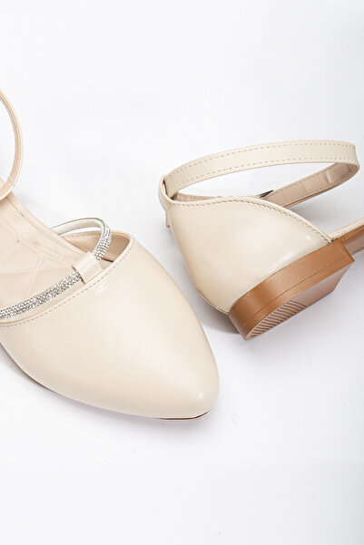 Tonny Black Women's Beige Stone Rope Detailed Ankle Strap Buckle Ballerinas