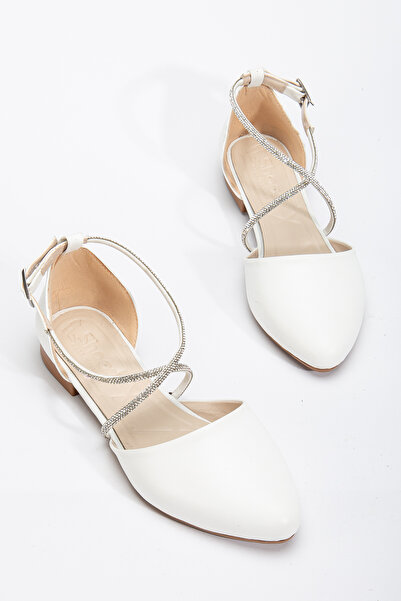 Tonny Black Women's White Cross Stone Rope Detailed Ankle Strap Ballerinas