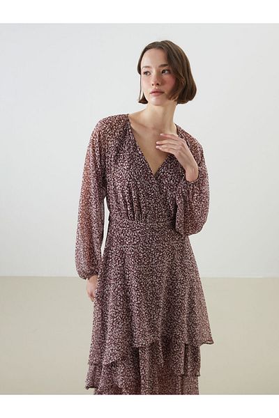 LC Waikiki Lcwaikiki Classic Burgundy Double Breasted Collar Floral Chiffon Women Dress