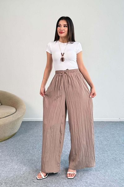 Hatun Atila Kraşlı Elastic Waist Modal Wide Leg Palazzo Trousers - Mink