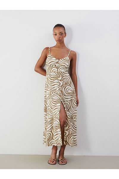 LC Waikiki Lcw Vision Khaki V-Neck Print Strap Dress S5O176Z8Nvy25