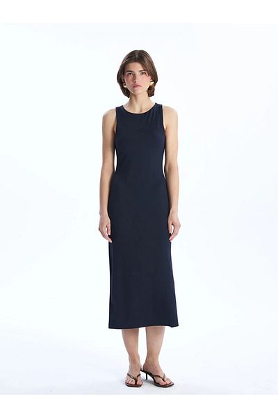 LC Waikiki Lcw Vision Navy Blue Crew Neck Crepe Dress