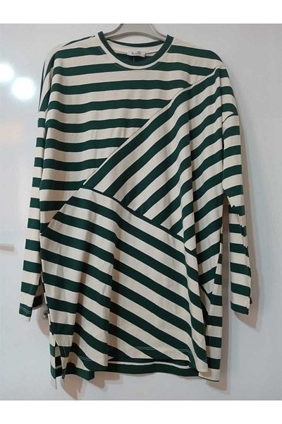 OceanGiyim Women's Tunic Green Striped Combed Cotton Tunic
