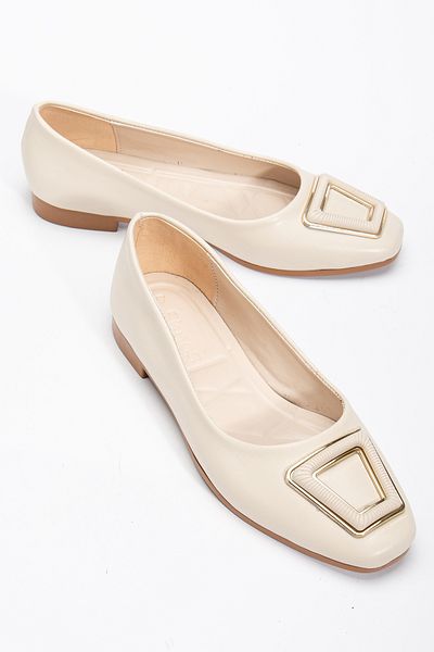 Tonny Black Women's Beige Oval Toe Ballerinas with Buckle Detail on the Front