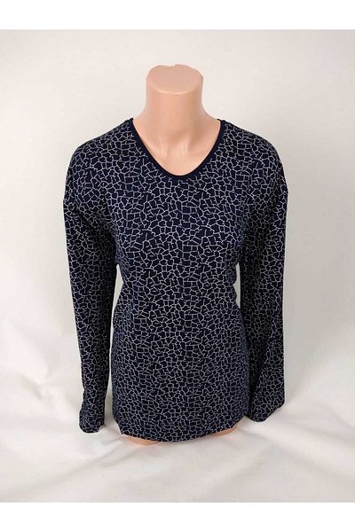 YAŞAR TRİKO Women's Navy Blue White U Neck Long Sleeve Patterned Slit Woven Viscose Mother Combed Cotton T-Shirt
