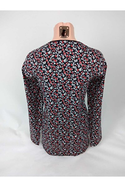 YAŞAR TRİKO Women's Black Red Gray U-Neck Long Sleeve Patterned Slit Woven Viscose Mother Combed Cotton T-Shirt