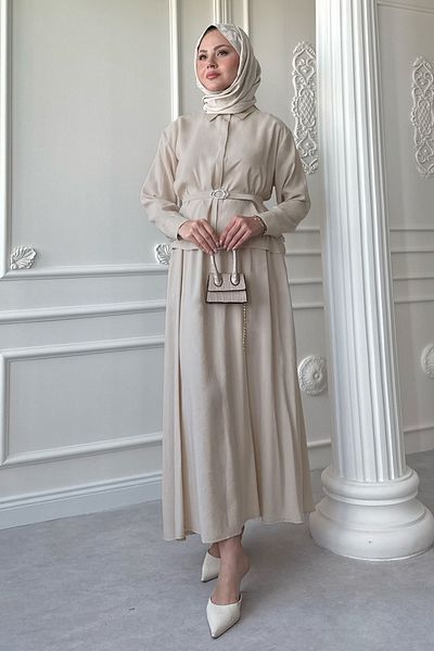 InStyle Stone Suit with Slim Belted Skirt